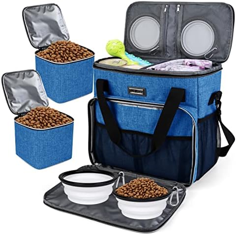 BAGLHER Dog Travel Bag, Pet Travel Bag (ALL Pet Travel Supplies), With 2 Pet Food Containers and 2 Collapsible Silicone Bowls; Essential Kits for Pet Travel Blue by BAGLHER