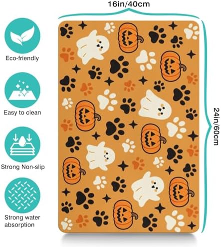 Halloween Dog Food & Water Mat, Orange Pumpkin Ghost Paw Prints Pet Feeding Mat for Floor Non-Slip Waterproof, Super Absorbent Cat Bowl Mat, Easy to Clean Pet Placemat,16" × 24" - Image 3