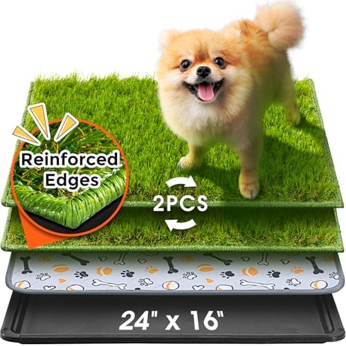 Hompet Dog Grass Pad with Tray Large, 24"x16", 2 Reusable Artificial Turf for Dogs Potty, Waterproof Non-Slip Washable Pee Pads, Quickly Absorbency Portable Dog Litter Box for Indoor/Outdoor Use by Hompet