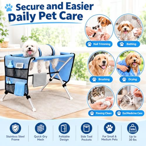 Pet Grooming Table for Small Dogs and Cats, Elevated Grooming Station with Stainless Steel Stand and Quick-Dry Mesh, Dog Grooming Hammock Stand for Bathing, Nail Trimming, Brushing, Drying, 30 lb - Image 3