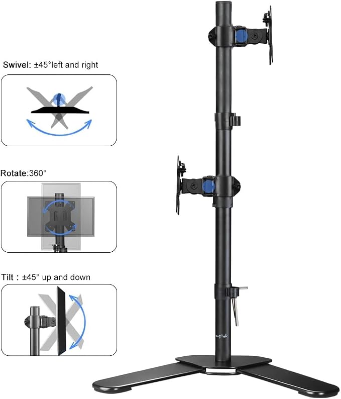 Suptek Dual LED LCD Monitor Stand up Free-Standing Desk Mount for 2 / Two Screens up to 32 inch Extra Tall 31.5 inch Pole Heavy Duty Fully Adjustable Stand Vertical Array (ML6802) - Image 4