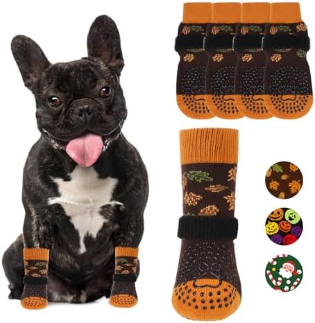 KOOLTAIL Fall Anti Slip Dog Socks for Hot/Cold Pavement to Prevent Licking Paws, Thanksgiving Dog Boots&Paw Protector with Grippers for Hardwood Floors, Traction Booties for Small Medium Large Dogs, M by KOOLTAIL