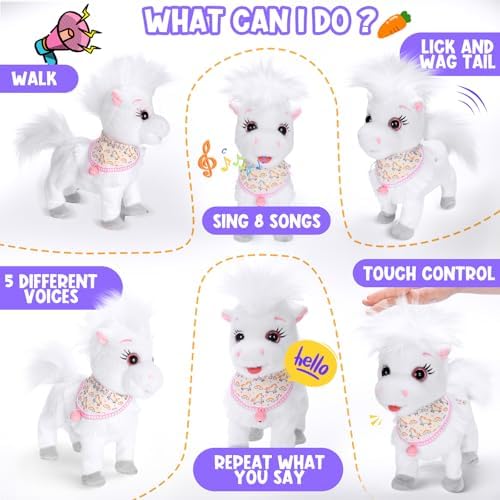 Ylpaprm White Walking Pony with Leash Toy Horses Electric Ponie that Walks,Plush Horse Toy for Kid Talking Musical Singing Pony Nod Lick Wag Repeat What You Say, Farm Animal Birthday Gift Boy - Image 2