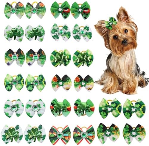20Pcs/10 Pairs St. Patrick's Shamrock Yorkie Dog Puppy Hair Bows with Rubber Bands Hair Accessories Bow Pet Grooming Cute Irish Holiday Pet Small Hair Bowknot (St. Patrick's Day) by RSACCSKY