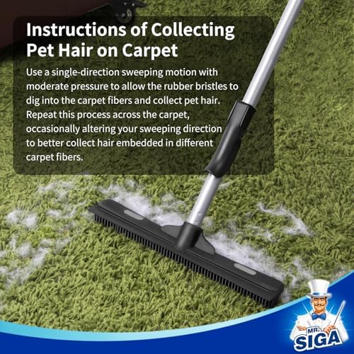 MR.SIGA Pet Hair Removal Rubber Broom with Built in Squeegee, 3 in 1 Floor Brush for Carpet, 61 inch Adjustable Handle, Includes 1 Microfiber Cloth for Floor Dusting (Pack of 2) - Image 3