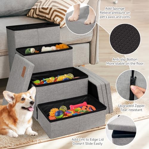 Zerbuger Dog Stairs with Storage, Grey 4 Steps Dog Ramp no Condo for Bed - Image 4