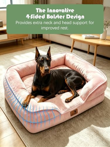 Spotted Play Orthopedic Dog Bed with Sides - Sofa Beds for Extra Large Dogs, Supportive Foam Pet Couch Bed with Washable Removable Cover, Waterproof Lining and Non-Slip Bottom, Pink - XL-Plus - Image 5