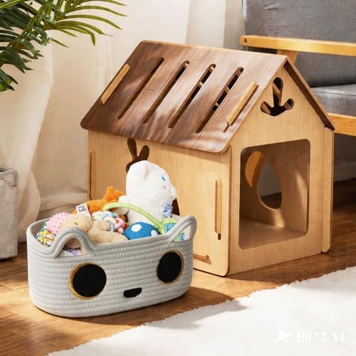 White Cat Toy Basket, Small Woven Cat Toy Storage Box with Cute Ears Handle Indoor, Cotton Rope Storage Bin with Embroidered Face for Home Decor, Pet Bed, Baby Nursery Kids Room Organization - Image 4
