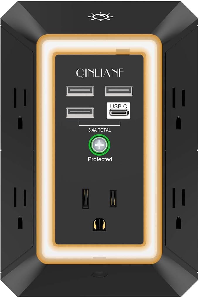 3-Sided Surge Protector Power Strip - QINLIANF Multi Plug Outlet with 5 Outlet Extender and 4 USB Ports(1 USB-C) and Night Light, USB Wall Charger for Home, Office, Travel, ETL Listed, Black by QINLIANF