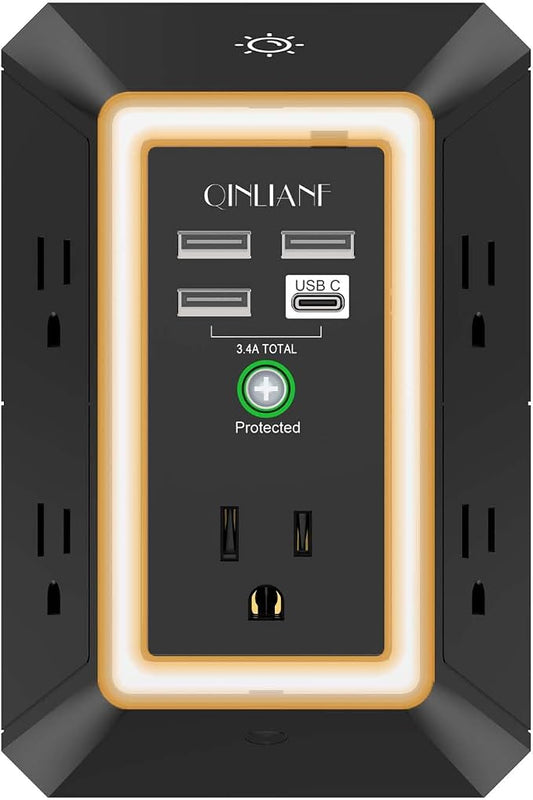 3-Sided Surge Protector Power Strip - QINLIANF Multi Plug Outlet with 5 Outlet Extender and 4 USB Ports(1 USB-C) and Night Light, USB Wall Charger for Home, Office, Travel, ETL Listed, Black by QINLIANF