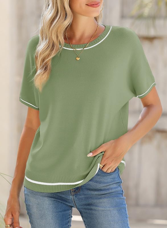 SHEWIN Womens Tops Trendy Short Sleeve Shirts Crewneck Lightweight Knit Sweater Top Business Casual Outfits - Image 2
