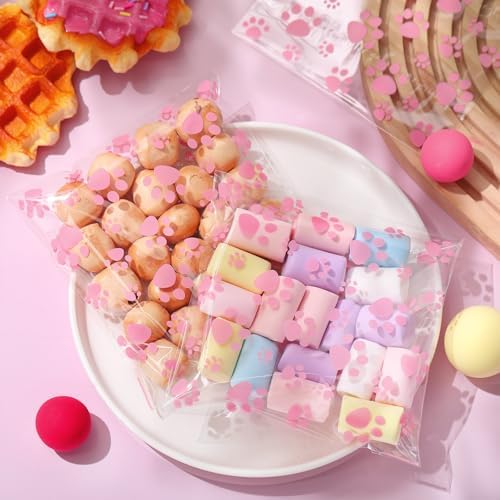 Pasimy 200 Pcs Dog Paw Treat Bags, Clear Self Adhesive Clear Pink - Image 4