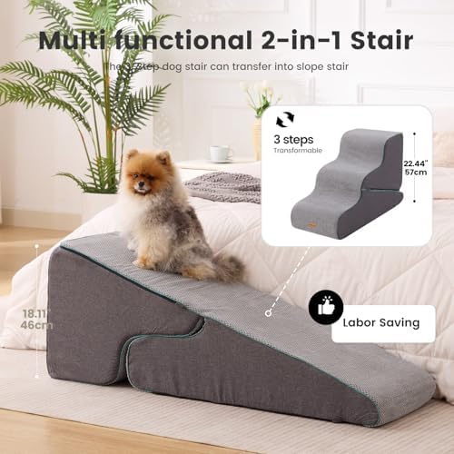 Gardner Pet Dog Stairs for Small Dogs 22.4" H, Large 2 in 1 Transformable 3-Step Pet Stairs and ramp, Dog Steps for High Bed (22-27") with Non-Slip Waterproof Cover CertiPUR-US Certified Foam, Grey - Image 2