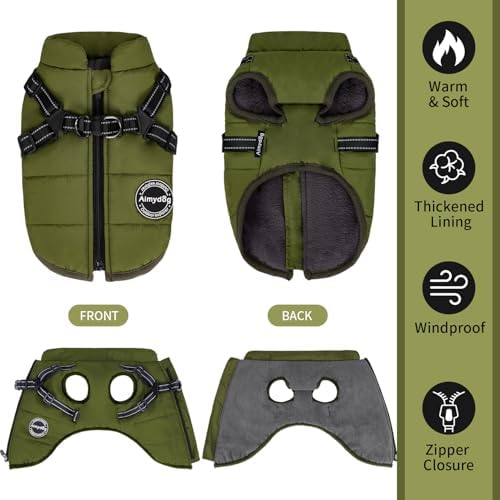Dog Winter Coat, Warm Dog Jacket Reflective Adjustable Fleece Vest with Harness Built in, Windproof Pet Snow Jacket Snowsuit with Zipper for Small Medium Dogs, Green XS - Image 4