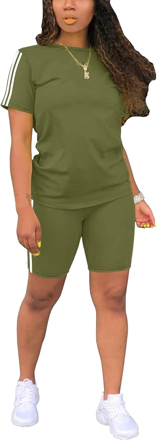STOLKISS Women 2 piece Short Sets Classic Striped Outfits Summer Casual Short Sleeve T-Shirt and Short Jogger Tracksuits Sets by STOLKISSWOMENSCLOTHES