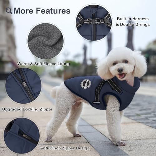 Warm Dog Winter Coat, Dog Cold Weather Jacket with Built-in Harness, Reflective & Adjustable Comfortable Pet Vest, Windproof Apparel for Small Medium Large Dogs (Navy) - Image 3