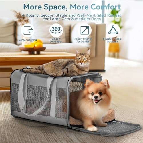 Petsfit Travel Pet Carrier for Large Cats (up to 20 lbs), Soft-Sided Dog Car Travel Carrier with Patented Buckle and Soft Padding, Ideal for Car Road Trips,19X12X12 Inch,Grey - Image 5