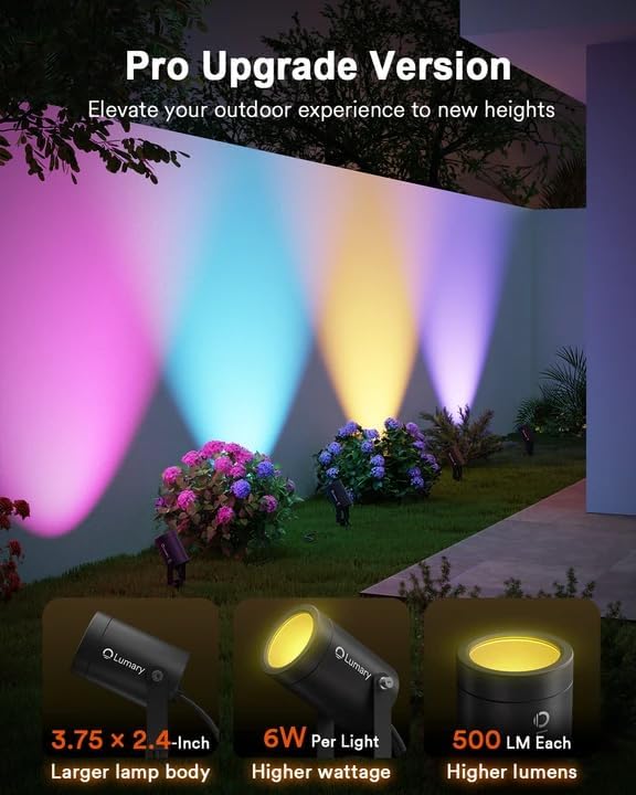 Lumary Smart Landscape Lights Pro 500LM, 6 Pack Color Changing Landscape Spotlights IP65 Waterproof, RGBAICW Low Voltage Outdoor Lights for Garden Yard and Pathway, APP/Remote/Voice Control, 65FT | RGBAICW Color Changing, IP65 Outdoor Rated, 2200K-6500... - Image 2