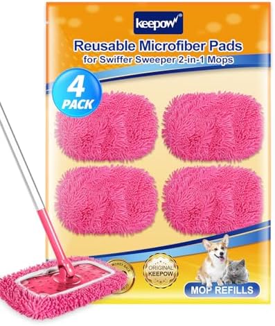 KEEPOW 4Pcs Pink Chenille Reusable Mop Pads Compatible with Swiffer Sweeper by KEEPOW