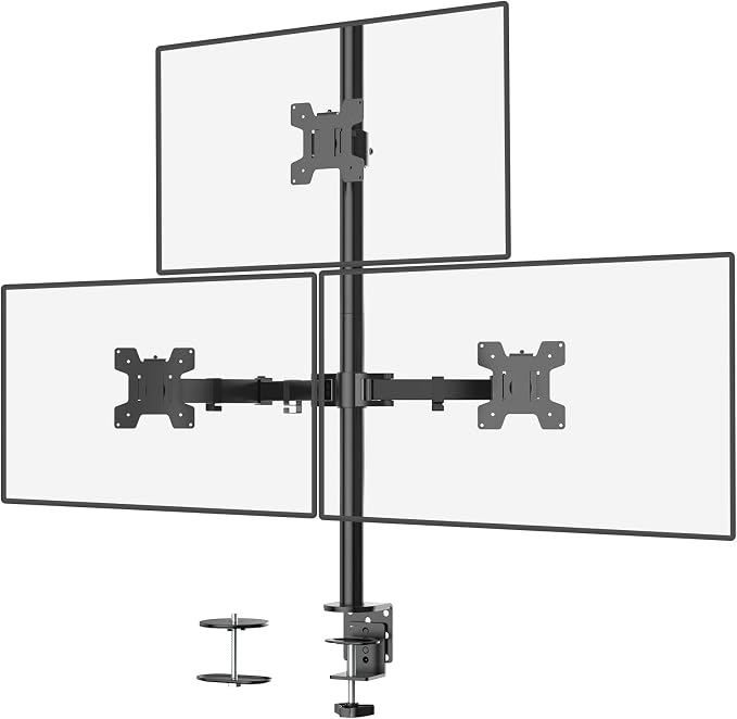 WALI Tall Triple Monitor Mount for 13-27 inch Computer Screens, 3 Monitor Desk Mount, Holds up to 22 lbs, Adjustable Triple Monitors Stand with Swivel Tilt Rotation, 75x75/100x100mm (M003), Black by WALI