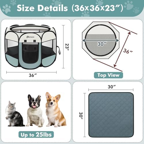 Persure Dog Cat Playpen Tent Crate Cage with Washable Pee Pad(Grey, Medium) - Image 2