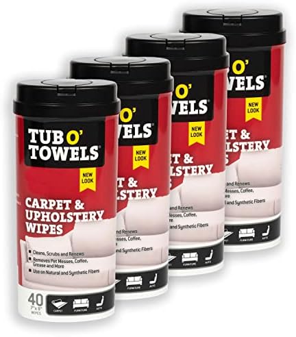 Tub O' Towels Carpet & Upholstery Cleaning Wipes 4 Pack – 7 x 8 Pre-Moistened Multi Surface Fabric Cleaning Wipes, 40 Count for Carpet, Rugs & Furniture by TubOTowels