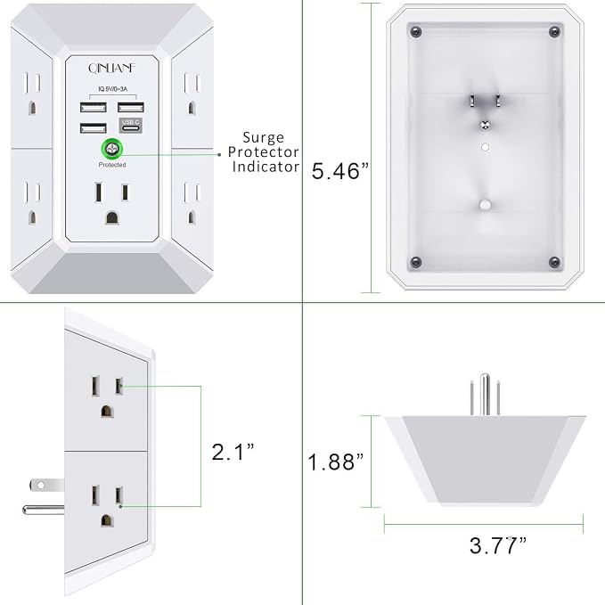 Wall Charger, Surge Protector, QINLIANF 5 Outlet Extender with 4 USB Charging Ports, 3-Sided 1680J Power Strip Multi Plug Adapter Spaced for Home Travel Office - Image 7
