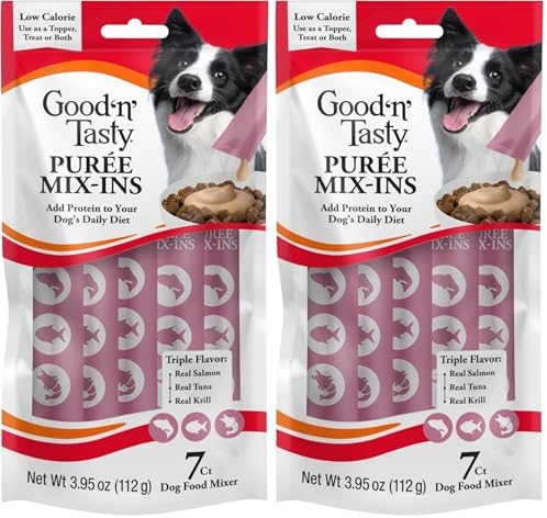 Good 'n' Tasty Triple Flavor Puree Mix-Ins Dog Food Topper Treats for All Dogs, 7 Count, Easy Single-Serve Portions, Added Protein with Salmon, Tuna and Krill, No Chicken or Beef Added (Pack of 2) by GoodNFun