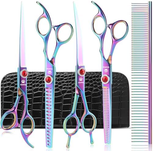 GLADOG Pro Rainbow 7 Inch Professional Pet Grooming Scissors Kit, 6-in-1 Dog Scissors, Titanium Coated, Stainless Steel, Right Handed, 5 Count by GLADOG