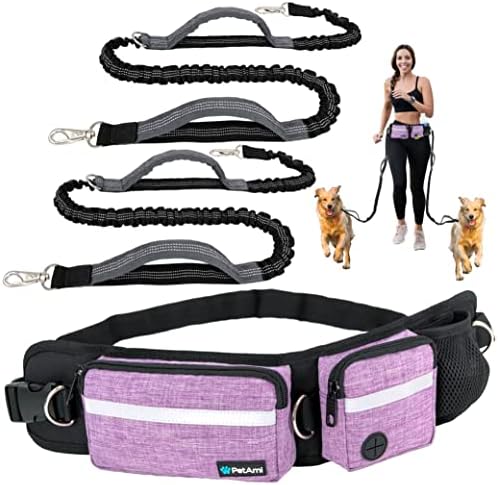 PetAmi Hands Free Dog Leash with Waist Running Belt Bag, Double (Purple) by PetAmi