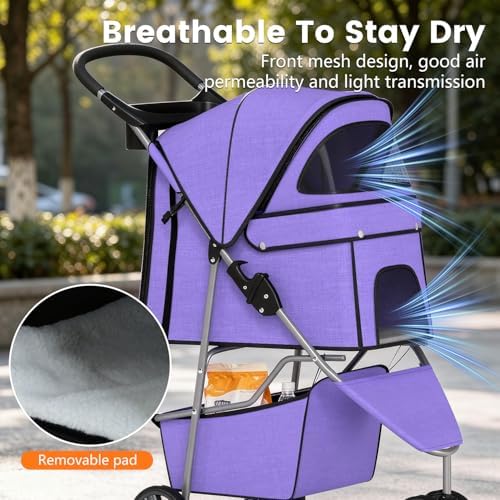 BestPet | 3-Wheel Pet Stroller | Purple | Foldable Dog and Cat Stroller - Image 6