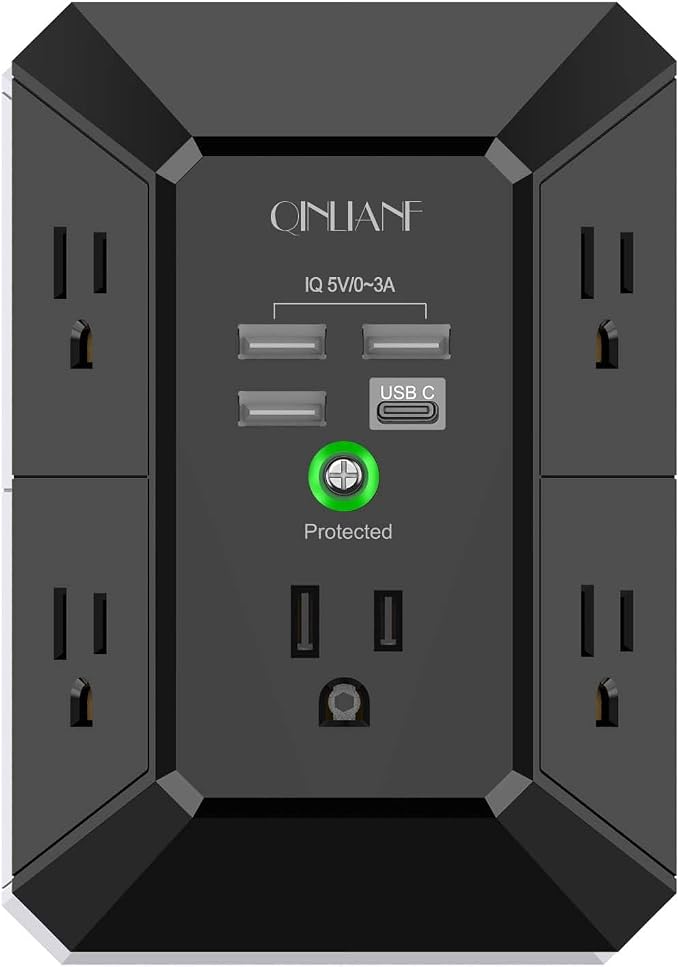 USB Wall Charger, Surge Protector, QINLIANF 5 Outlet Extender with 4 USB Charging Ports (4.8A Total) 3-Sided 1680J Power Strip Multi Plug Outlets Wall Adapter Spaced for Home Travel Office, Black by QINLIANF