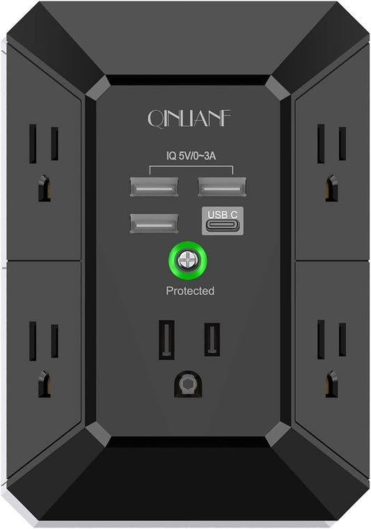 USB Wall Charger, Surge Protector, QINLIANF 5 Outlet Extender with 4 USB Charging Ports (4.8A Total) 3-Sided 1680J Power Strip Multi Plug Outlets Wall Adapter Spaced for Home Travel Office, Black by QINLIANF