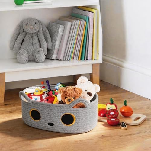 Gray Cat Toy Basket, Small Woven Cat Toy Storage Box with Cute Ears Handle Indoor, Cotton Rope Storage Bin with Embroidered Face for Home Decor, Pet Bed, Nursery Kids Room Organization - Image 5