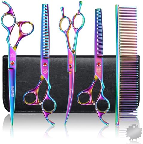Professional Dog Grooming Scissors Set, 7 Inch/8 Inch Pet Grooming Scissors Chunkers Shears for Dog, Curved Dog Grooming Scissors, Thinning Shears for Dog with Grooming Comb by Moontay
