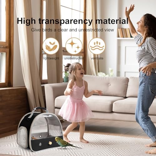 Bird Travel Carrier, Portable Small Bird Parrot Parakeet Carrier with Standing Perch and Mat, Side Access Window Collapsible (Black, Clear Windows) - Image 5