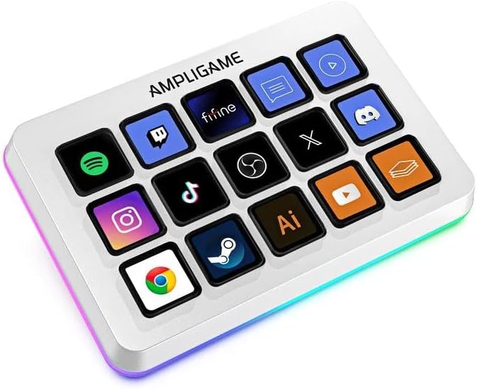 FIFINE AmpliGame Gaming Controller with 15 Shortcuts for OBS Streaming Studio with Macro Keys, Trigger Actions, PC Media RGB Controller for Content Creation/Office Work-D6 White by AmpliGame
