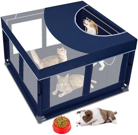Dog Kitten Playpen with Play Pen Cover for Cat Indoor, 41 x41 x25.5 Puppy Playpen for Small Pet with See-Through Topper Proof Enclosed Door Dog Pen, Sturdy Warm Protable Play Pen for Cat by ZIKOPOMI
