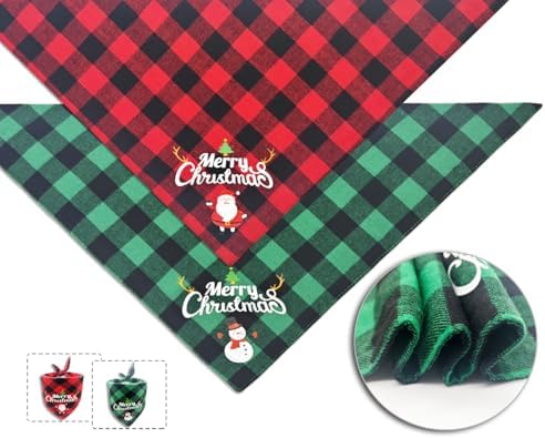 Christmas Dog Bandanas 2PCS-XLarge,Classic Plaid Triangle Holiday Scarf with Santa and Snowman Prints,Winter Pet Outfit for Boy and Girl Dogs,Red Green Plaid Dog Costume for Extra Large Dogs - Image 3