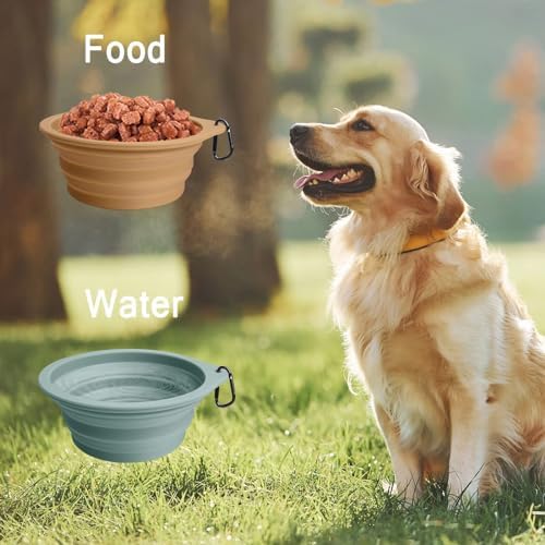 PetBonus 2-Pack Large Silicone Collapsible Dog Bowls, 34oz/1000ml BPA Free Portable Foldable Travel Bowl for Pet Cat, Food Water Feeding Dish for Camping with 2 Carabiners (Turquoise, Tan) - Image 4