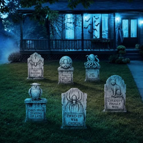 6 Pack Halloween Graveyard Decorations Outdoor, Funny Animal Cemetery Yard Signs with Stakes, Spooky Cat Bat Spider Owl Pig Tombstones, 11" x 17" Lawn Yard Signs for Halloween Outdoor Décor - Image 7