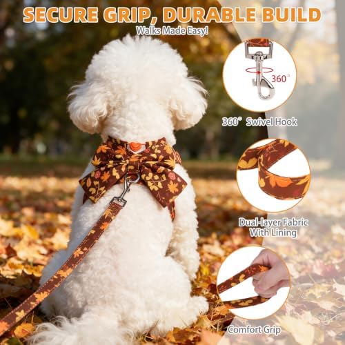 KOOLTAIL Fall Dog Harness and Leash Set for Small Medium Dogs Cats,Thanksgiving Cute Puppy Vest Harnesses with Bowtie, Step in No Pull Soft Mesh Padded Adjustable Harness for Extra-Samll Pet Boy Girl - Image 4