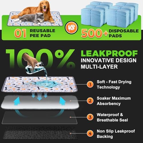 Hompet Washable Pee Pads for Dogs, 34"x21", 2-Pack Thick Heavy Absorbency Reusable Pee Pads Prevent Leakage Non-Slip, Pet Training Pads for Puppy Playpen, Crate, Potty, Floor, Bed, Sofa - Image 2