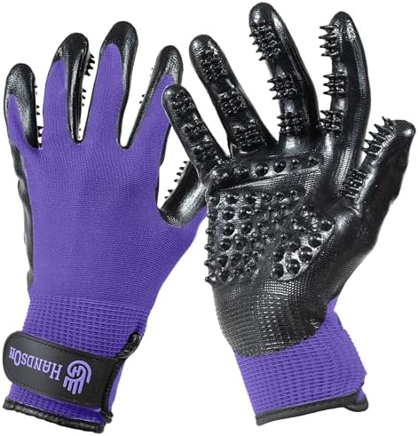 H HANDSON Pet Grooming Gloves - Patented #1 Ranked, Award Winning Shedding, Bathing, & Hair Remover Gloves - Gentle Brush for Cats, Dogs, and Horses (Purple, Large) by HandsOnPatentedOriginalGroomingBathingGloves