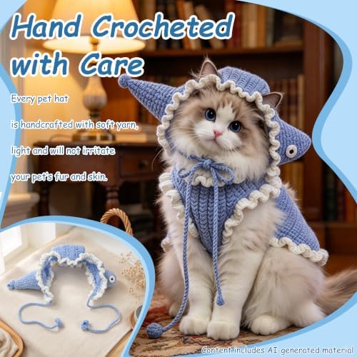 Fish Cat Hat, Cotton & Soft Cute Knitted Hats for Cats Birthday Party Spring Christmas Puppy Hat for Small Pets (Blue,M) - Image 5