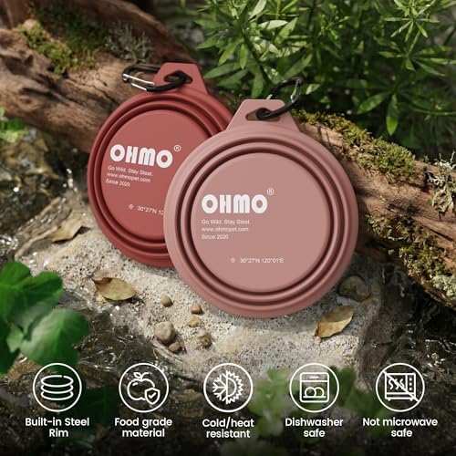 OHMO Small Collapsible Dog Bowls, Steel Rim, 12oz, 2pcs, Coral&Brick Red - Image 5