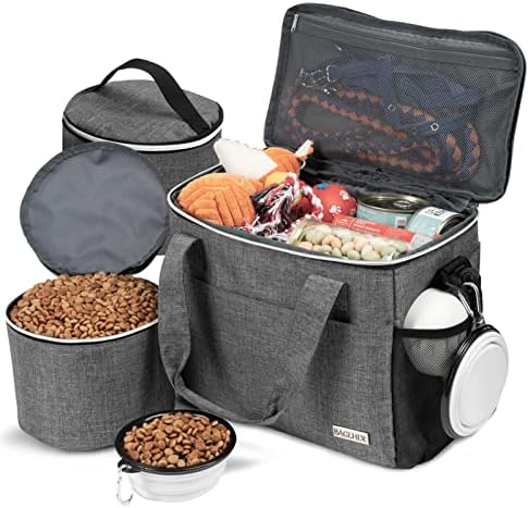 BAGLHER Dog Travel Bag Backpack Pet Supplies Backpack Pet Accessories Storage Bag 5-Piece Set With Shoulder Strap 2 Lined Pet Food Containers 4 Foldable Feeding Bowls Essential Kit for Pet travel by BAGLHER