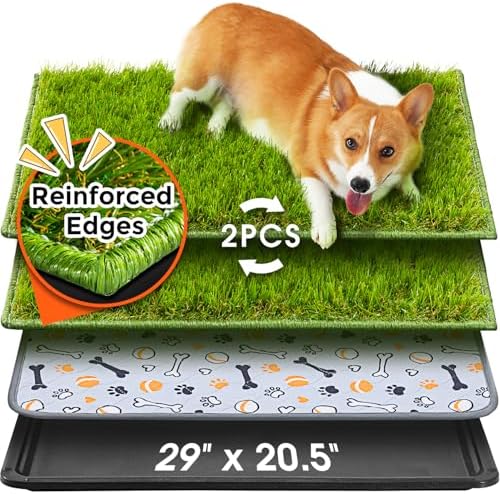 Hompet Dog Grass Pad with Tray Large, 29"x20.5", 2 Reusable Artificial Turf for Dogs Potty, Waterproof Non-Slip Washable Pee Pads, Quickly Absorbency Portable Dog Litter Box for Indoor/Outdoor Use by Hompet