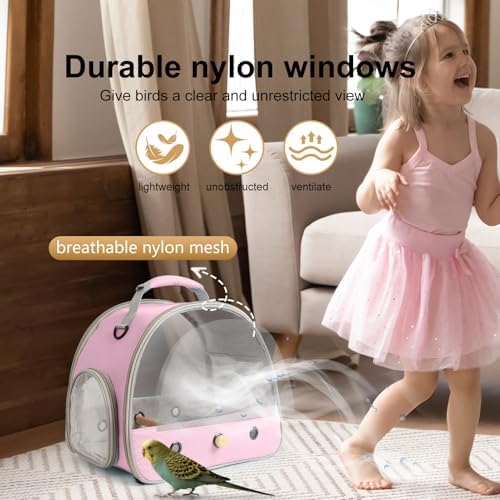 Bird Carrier, Portable Small Bird Parrot Parakeet Carrier with Standing Perch and Soft Mat, Side Access Window Collapsible (Pink, Mesh Windows) - Image 5