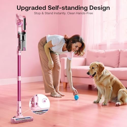 Trucozie Cordless Vacuum Cleaner, Self-Standing Lightweight Stick Vacuum with 50 mins Runtime, Powerful Suction, Anti-Tangle Wireless Vacuum for Home, Hardwood Floor, Carpet, Pet Hair, Pink - Image 2